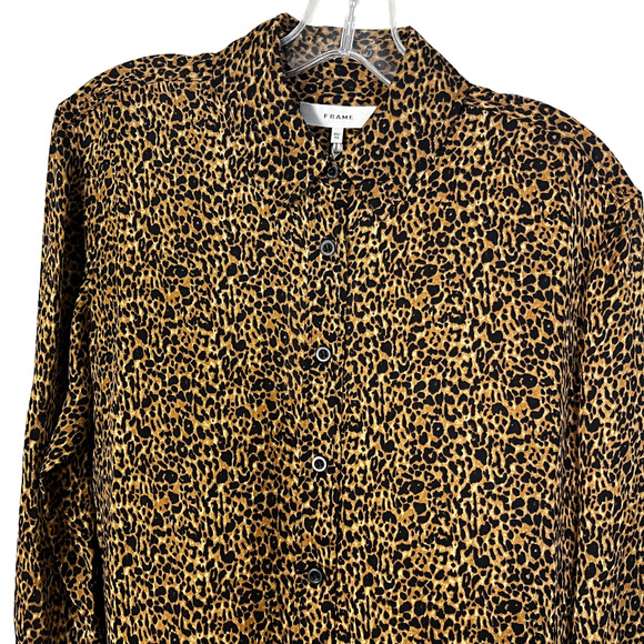 FRAME The Standard Shirt XS Sand Leopard Print 100% Silk Button Down Long Sleeve - Picture 2 of 10